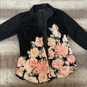 Slightly worn black floral shirt